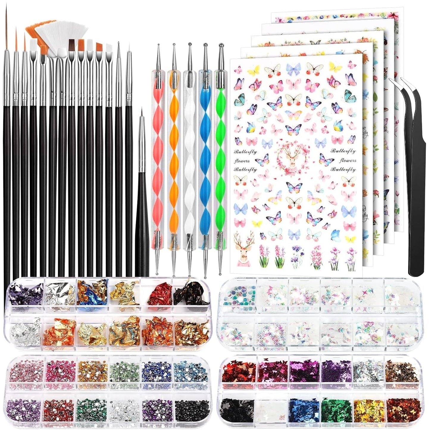 FANDAMEI Pinsel Für Gelnägel, 15 pz Nagel Pinsel, 5 Blätter Nagelsticker, Strasssteine ​​​​Nägel, Nageldesign Set, Nageldesign Zubehör, Nail Art Pinsel Set, Nailart Pinsel und Dekorationen Set