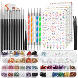FANDAMEI Pinsel Für Gelnägel, 15 pz Nagel Pinsel, 5 Blätter Nagelsticker, Strasssteine ​​​​Nägel, Nageldesign Set, Nageldesign Zubehör, Nail Art Pinsel Set, Nailart Pinsel und Dekorationen Set