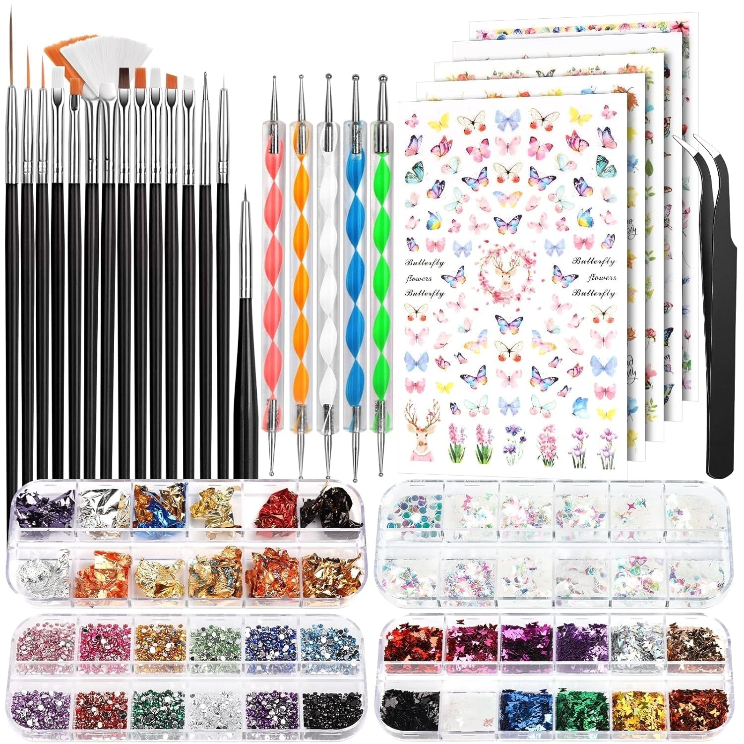 FANDAMEI Pinsel Für Gelnägel, 15 pz Nagel Pinsel, 5 Blätter Nagelsticker, Strasssteine ​​​​Nägel, Nageldesign Set, Nageldesign Zubehör, Nail Art Pinsel Set, Nailart Pinsel und Dekorationen Set