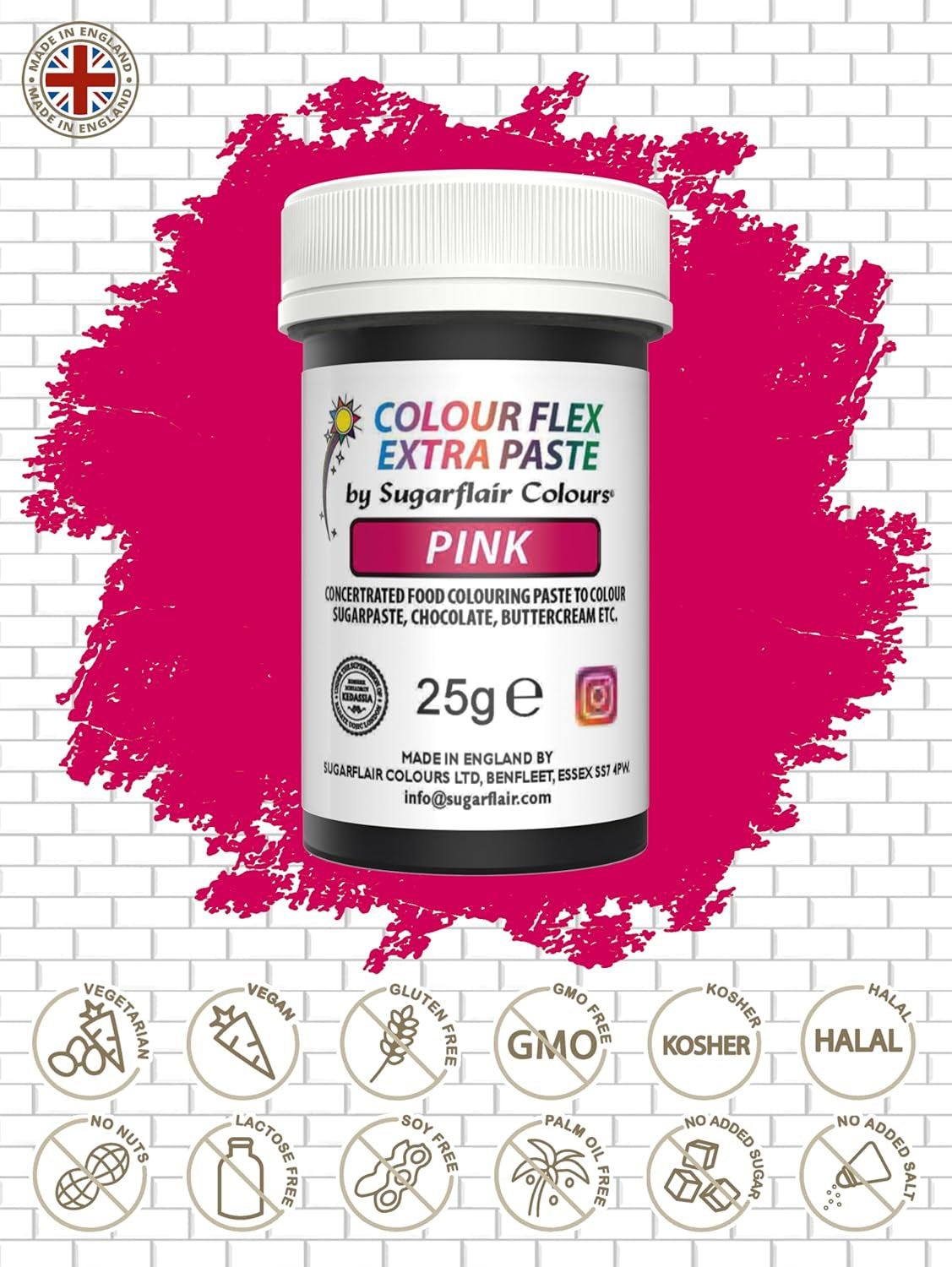 Pasta colorante alimentare Sugarflair Colourflex Extra Pink Paste - Colorante alimentare commestibile per crema al burro, cioccolato, pasta di zucchero, glassa, fondente, miscele per torte, impasti e altro - 25 g
