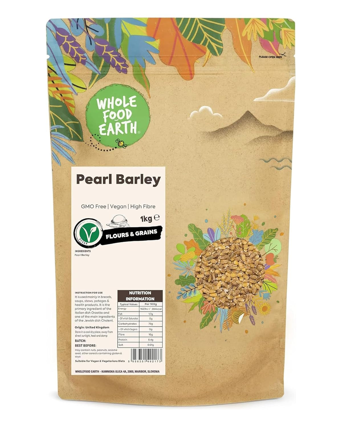 Orzo perlato integrale terrestre - non OGM - vegano - senza latticini - senza zuccheri aggiunti, 2 kg