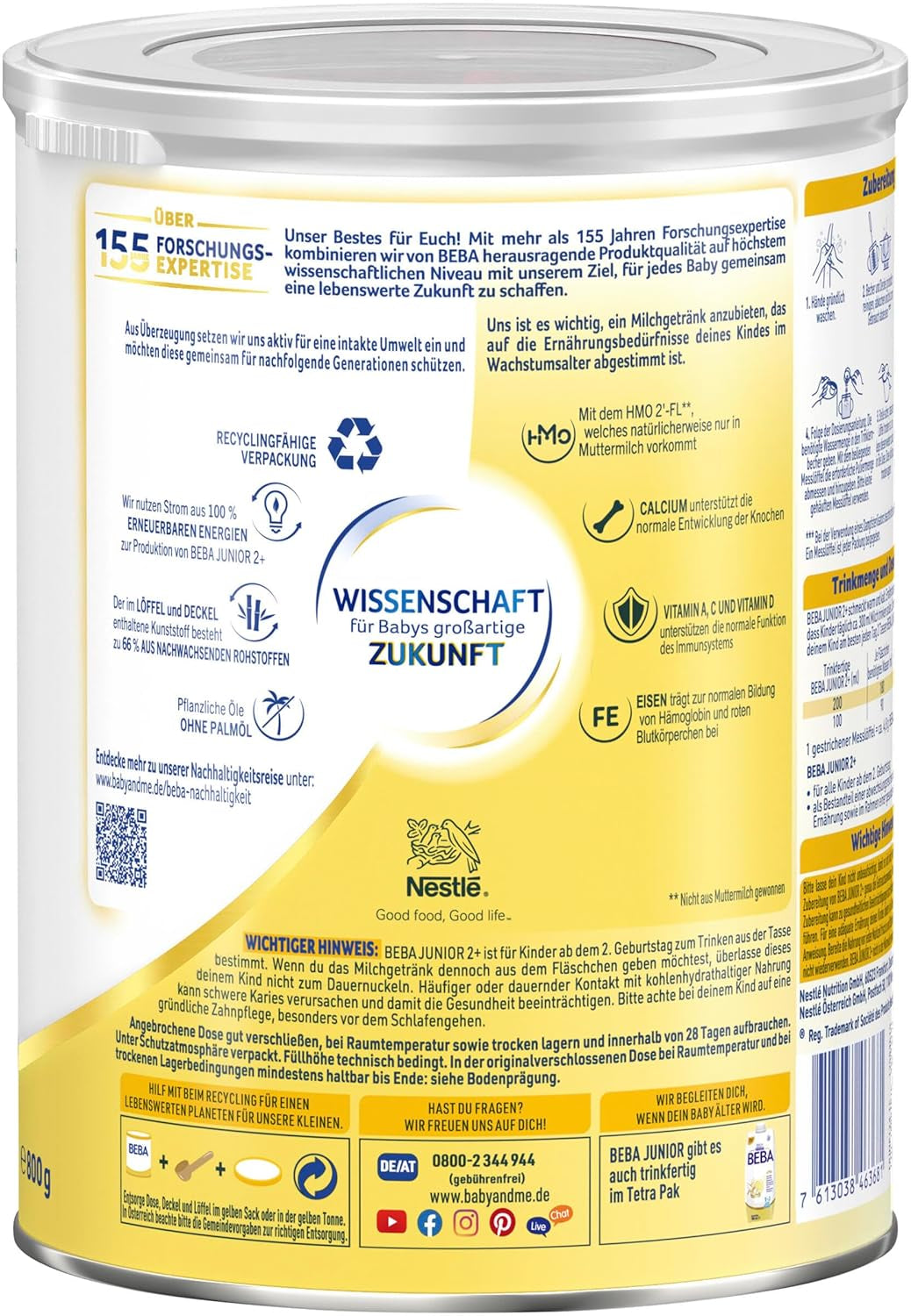 BEBA Junior 2+ bevanda a base di latte a partire da 2 anni, Con HMO, Contenuto proteico adatto all'età, Solo lattosio, Senza olio di palma, Senza olio di pesce, Alimenti per bambini, Latte in polvere per bambini, Confezione da 3 (3 x 800 g)