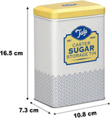 La scatola portaoggetti in metallo dal design retrò Tala Originals in giallo e crema può contenere un intero sacchetto di zucchero a velo