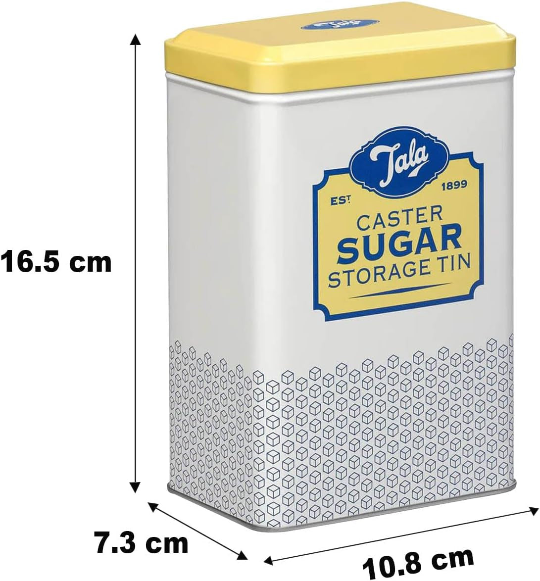 La scatola portaoggetti in metallo dal design retrò Tala Originals in giallo e crema può contenere un intero sacchetto di zucchero a velo