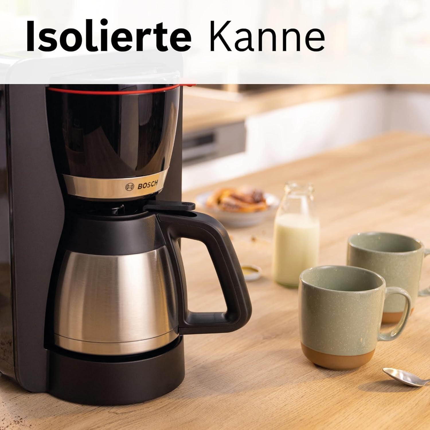 Bosch MyMoment TKA6M273 Macchina per caffè espresso con filtro, caraffa termica da 1 litro, 8-12 tazze, sistema antigoccia, portafiltro rotante, programma di decalcificazione, serbatoio acqua removibile, 1200 Watt, nero opaco