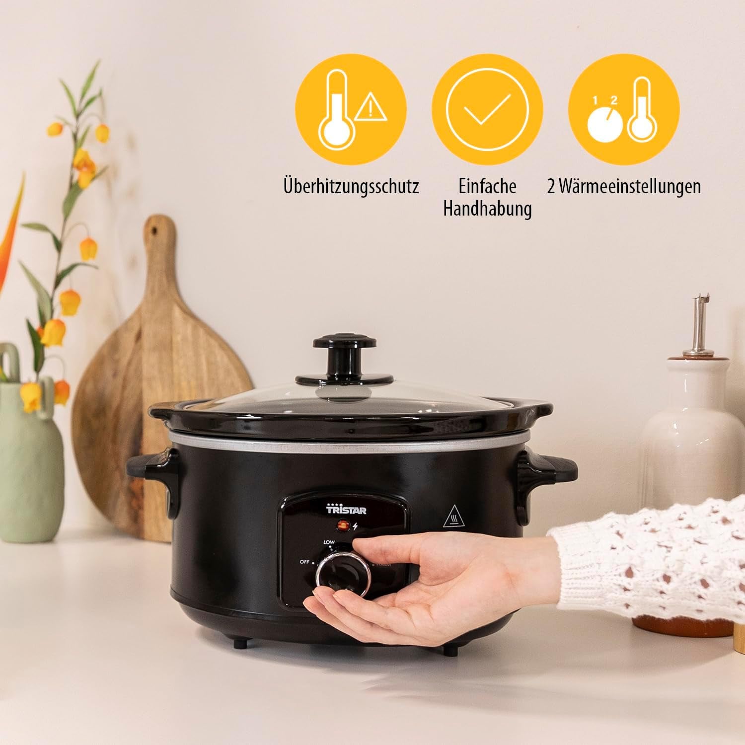 Pentola a cottura lenta Tristar VS-3915, pentola in ceramica e acciaio inox con 2 impostazioni di calore e funzione di mantenimento in caldo, Pentola a cottura lenta da 3,5 L Naty Shop