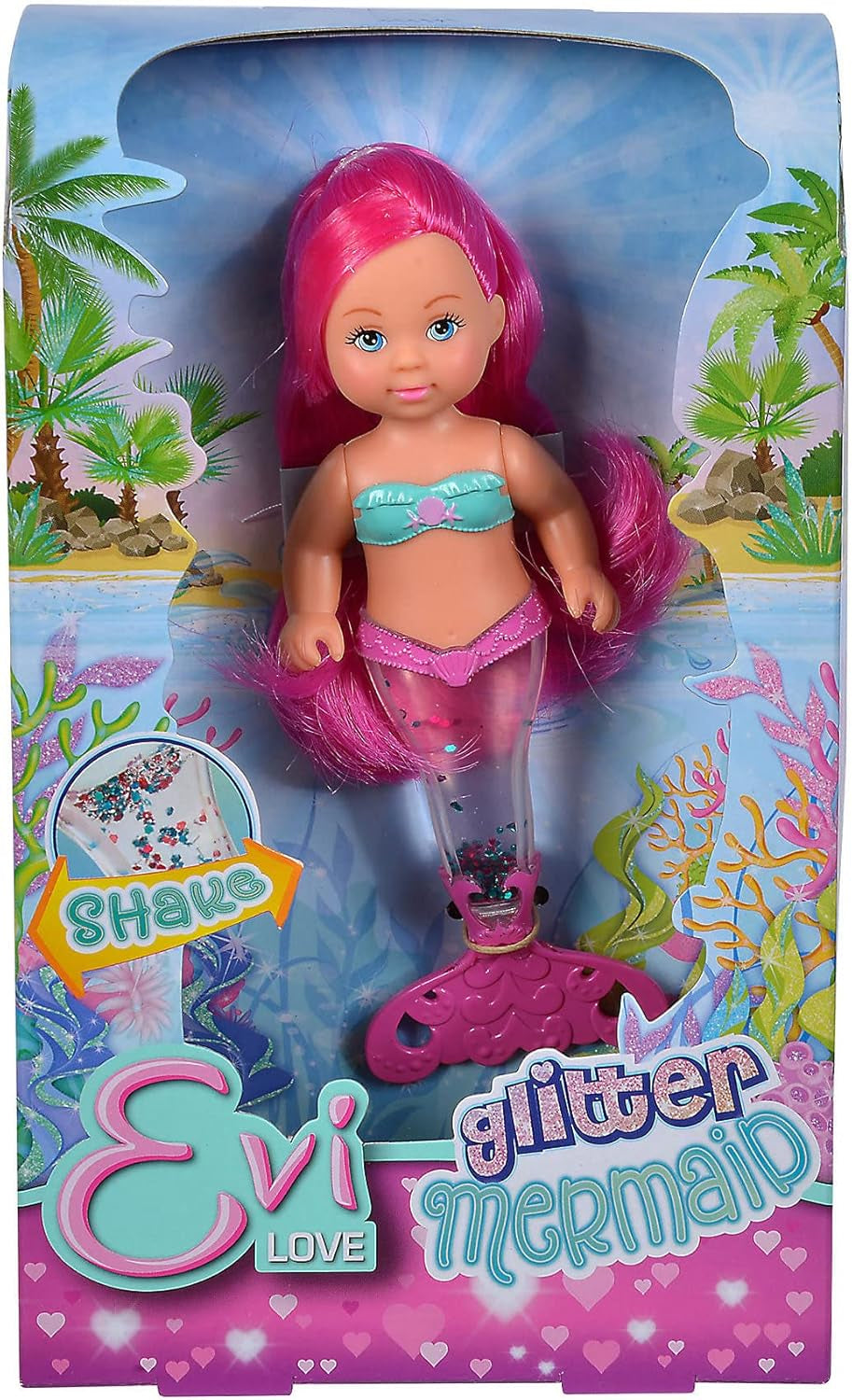 Simba 105733482 - Evi Love Glitter Sirena, bambola sirena con una pinna caudale che si illumina quando viene agitata. Viene fornito UN solo articolo.