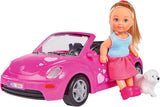 Simba 105731539 - Evi Love Beetle Evi's, Evi con macchina, macchina: 22 cm, con cane, bambola fashion, 12 cm, per bambini dai 3 anni in su