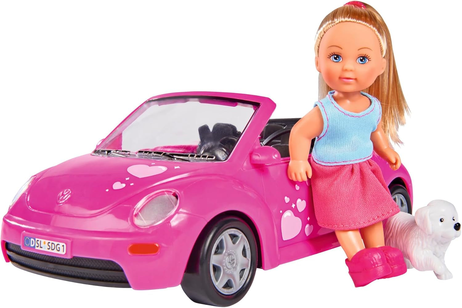 Simba 105731539 - Evi Love Beetle Evi's, Evi con macchina, macchina: 22 cm, con cane, bambola fashion, 12 cm, per bambini dai 3 anni in su