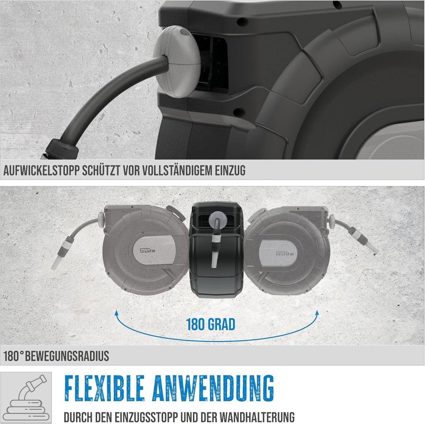 Avvolgitubo automatico Güde 20-2-2 1/2 (per montaggio a parete, rotazione di 180°, tubo da 20 m, getto d'acqua, supporto a parete, retrazione automatica, arresto retrazione, maniglia di trasporto, 2 attacchi rapidi)