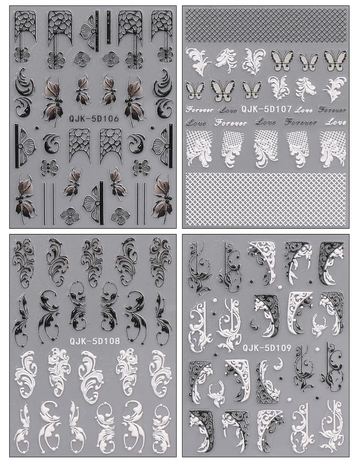 JMEOWIO 3D Nagelsticker Schwarz Weiß Blume Nail Art Sticker Self-klebend Nagelaufkleber 5D Stereoscopic Blumen Dekoration Nageldesign Zubehör 4 Blatt