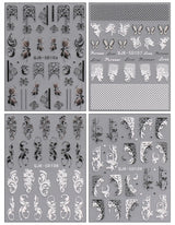JMEOWIO 3D Nagelsticker Schwarz Weiß Blume Nail Art Sticker Self-klebend Nagelaufkleber 5D Stereoscopic Blumen Dekoration Nageldesign Zubehör 4 Blatt
