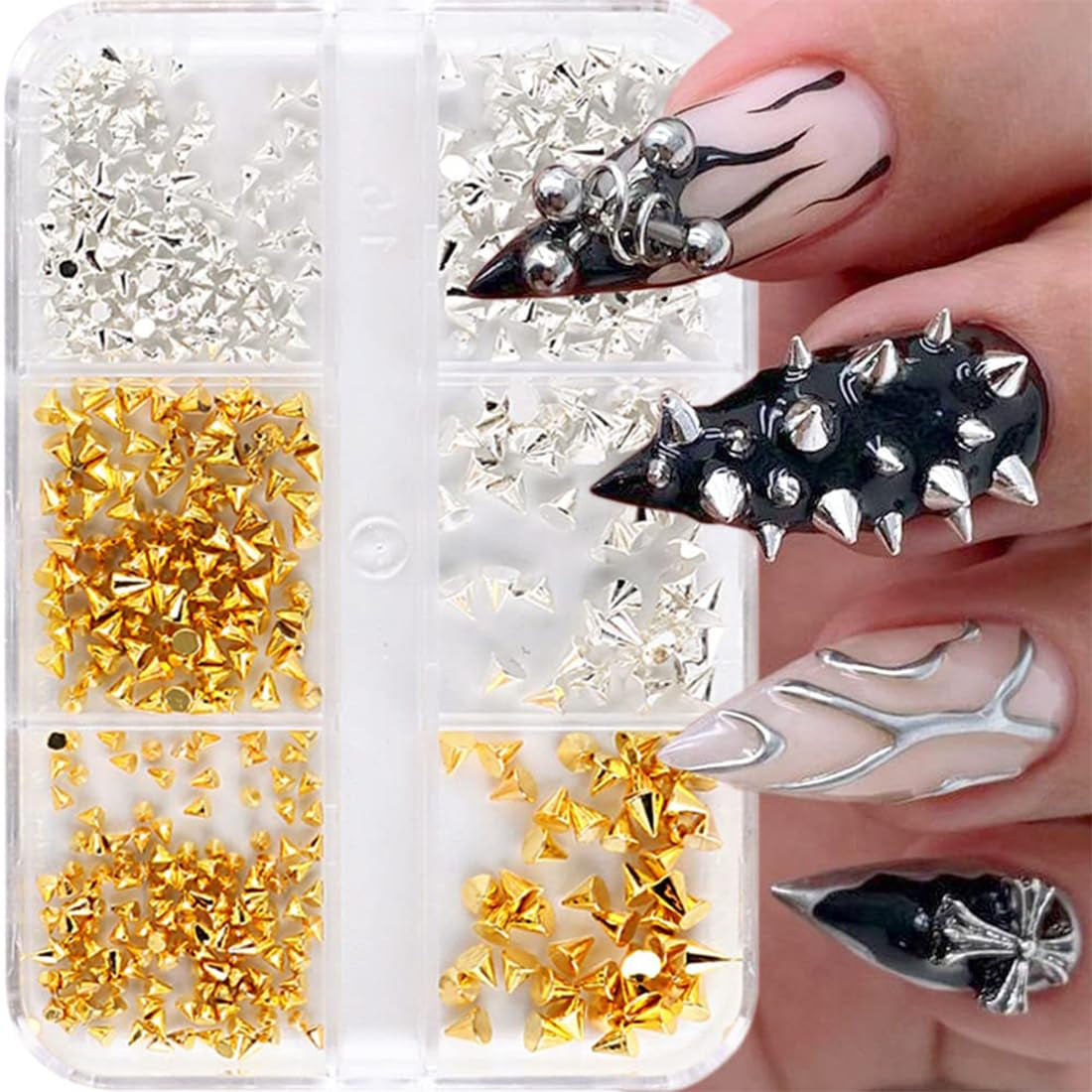 Mini Metall Nieten Punk Nail Charms Oro Argento Strasssteine ​​​​Nägel Charm Kegel Spikes Nagelschmuck Glitzersteine ​​​​Borchie per nail art Nagel Steine ​​​​Legierung Nagelanhänger Strass Nageldesign Zubehör