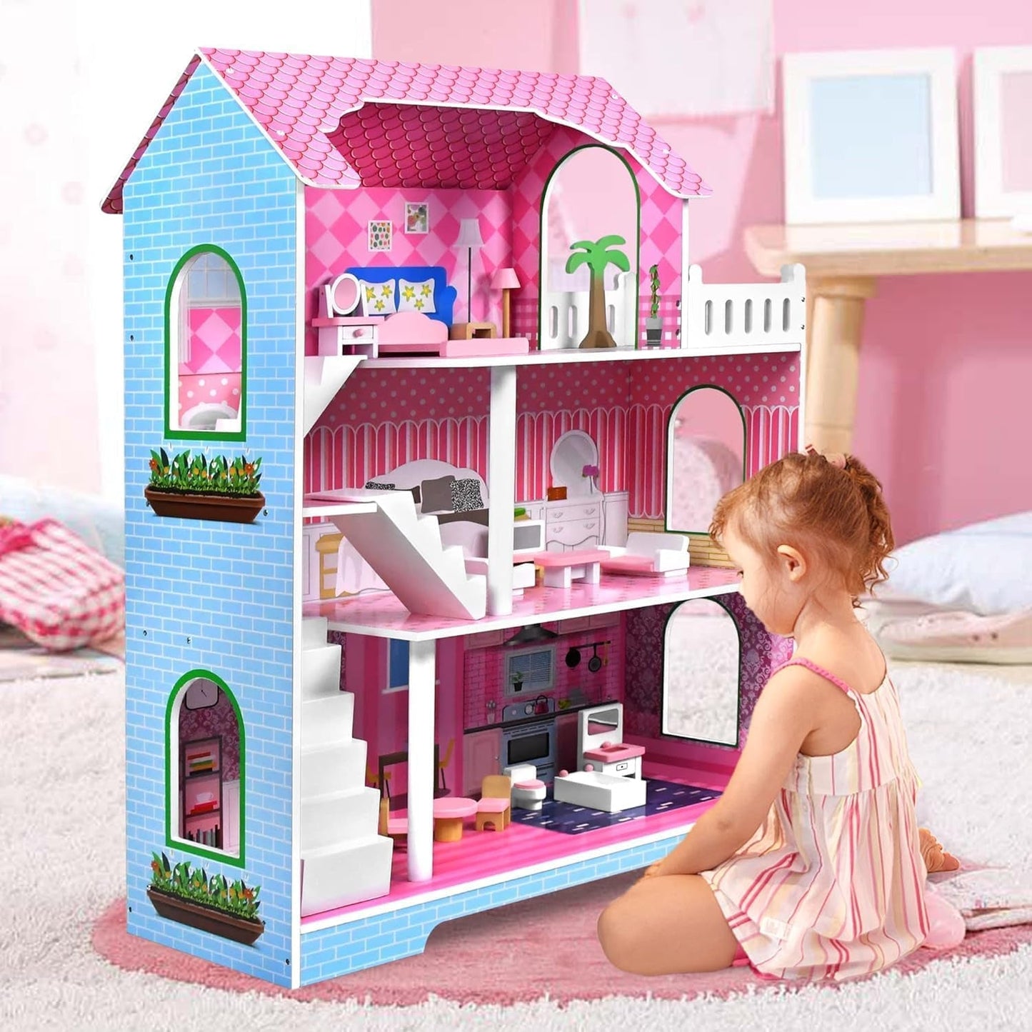 HENGMEI Puppenhaus Kinder Holz Puppenvilla Dollhouse Set Mädchen Spielset 3 Etagen Haus mit Möbeln und Zubehör, 70x30x100cm Puppenhäuser für Kinder (Tipo B)