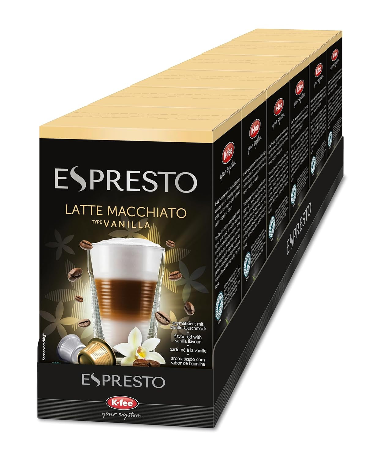 ESPRESTO Latte Macchiato Tipo Vanille, compatibile con K-fee e ALDI EXPRESSI*, certificato RFA, dolce e armonioso, 48 capsule di caffè e 48 capsule di latte