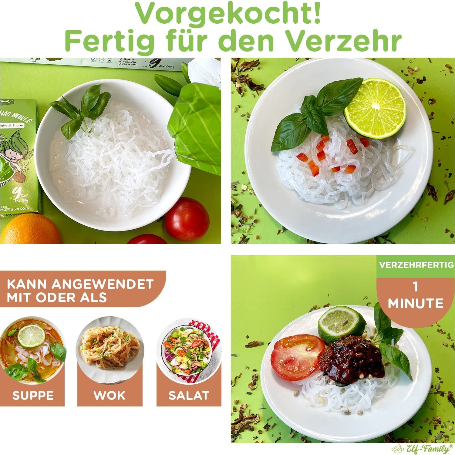 Elf-Family 6 Cutii (12 buc.) Tăiței Konjac Organici Ultra Low Carb Shirataki Vegani Fără Gluten - 1,62 kg, Tăiței Instant fără carbohidrați/Keto/Scăzuți în calorii/Fără grăsimi/Fără zahăr - Spaghete și Fettuccine
