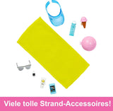 Barbie Ken - Bambola bionda con camicia blu e grembiule da bagno, accessori da spiaggia e pallone da spiaggia per gioco creativo, dai 3 anni in su, HPL74