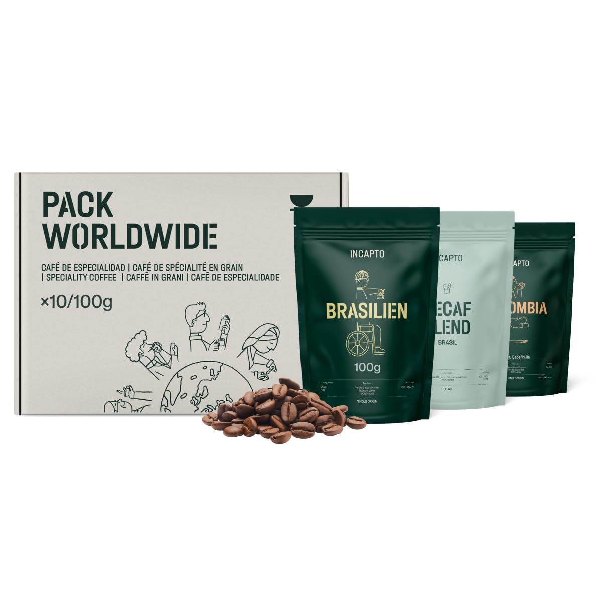 Selezione di caffè in grani Incapto nel mondo | Selezione di 10 origini da tutto il mondo | Caffè speciale | 100% Arabica | Ideale come set regalo per il caffè | Per gli amanti del caffè | 10 confezioni da 100 g