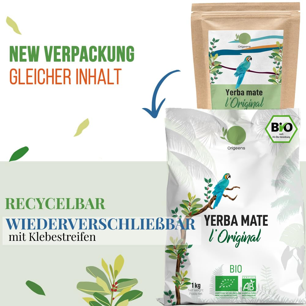 ORIGEENS BIO YERBA MATE TEA 1 KG - L'Originale I Non tostato, foglie, senza gambi, polvere e briciole I Bevanda energizzante e disintossicante