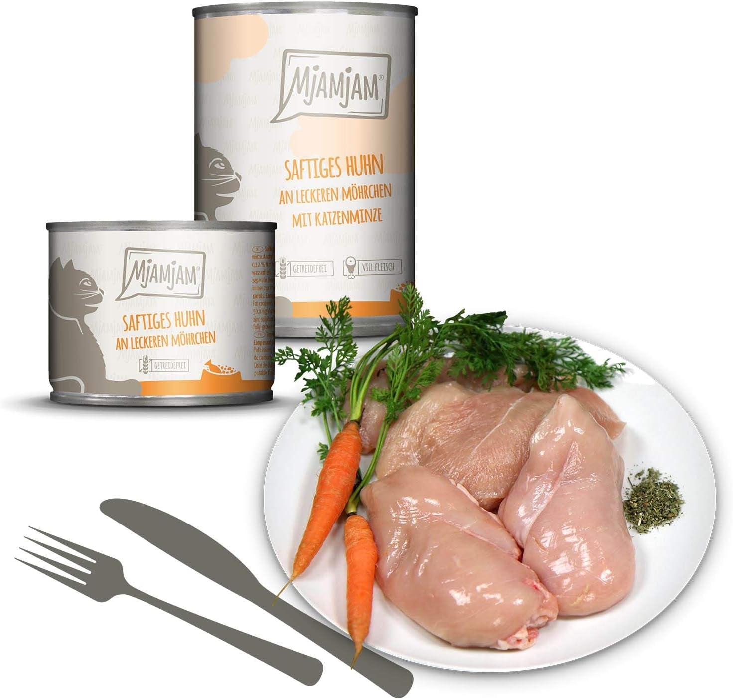MjAMjAM - Cibo umido premium per gatti - Confezione mista I - Confezione da 6 pollo, manzo, cuori (6 x 200 g), senza cereali con carne extra