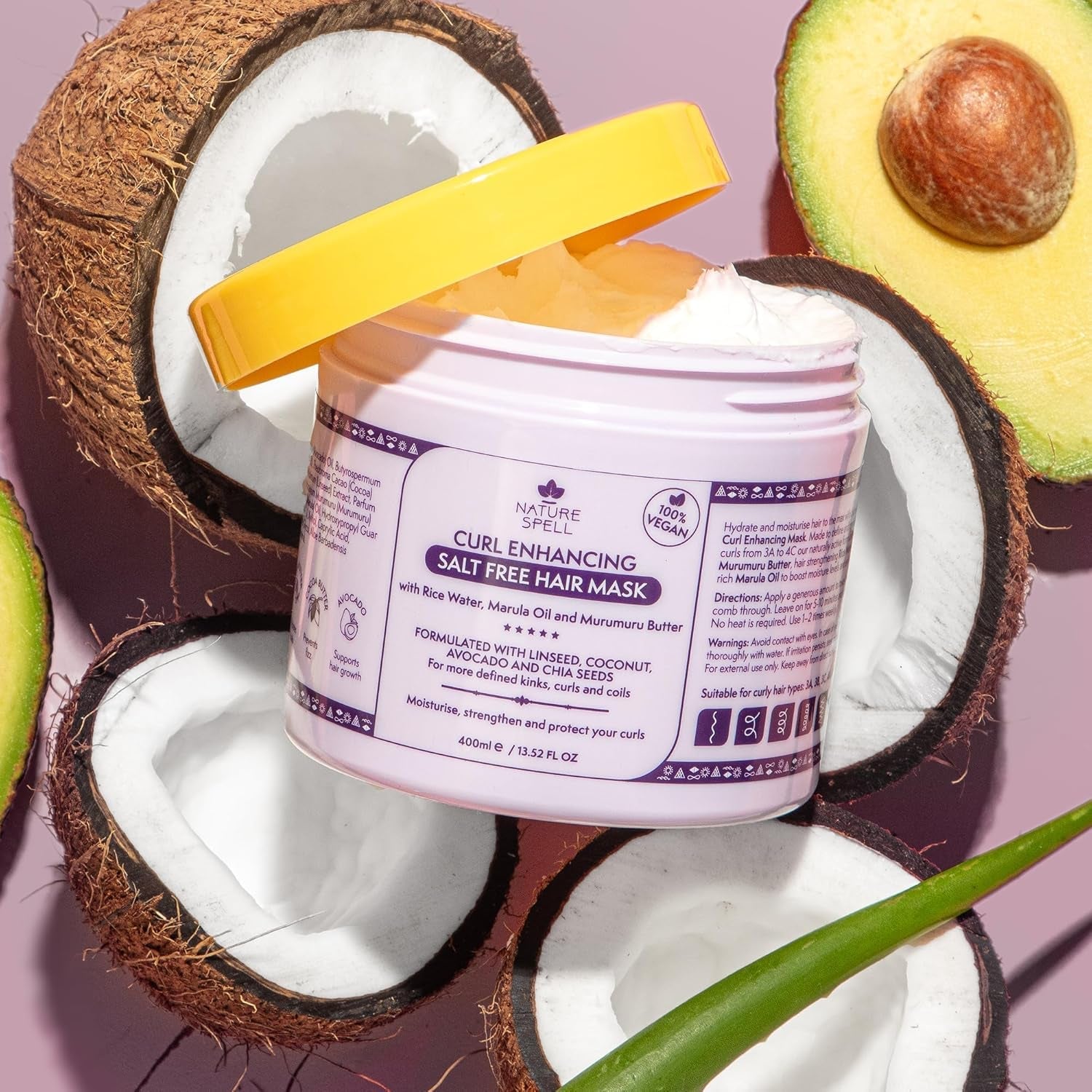 Maschera per Capelli Ricci di Nature Spell 400ml - Arricchita con Acqua di Riso e Semi di Lino, per Tutti i Tipi di Ricci, Senza Solfati Naty Shop Hair Mask