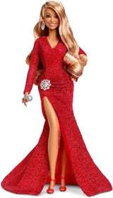Barbie Mariah Carey - Bambola da collezione con vestito rosso scintillante, volant, spacco, riccioli affascinanti, accessori argento, tacchi alti rossi, tradizione natalizia, decorazione, HJX17