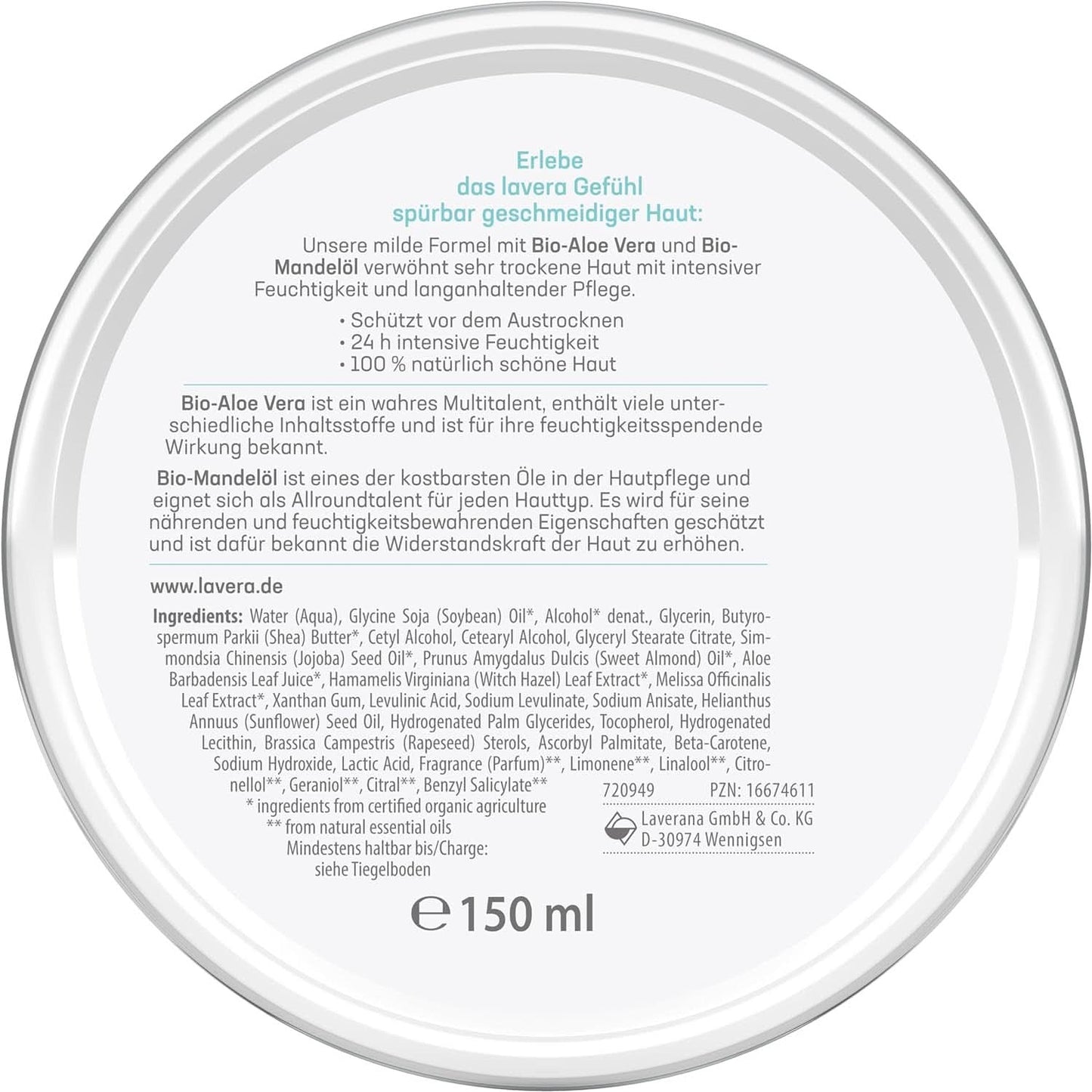 Lavera Basis Sensitiv, cura intensiva per pelli secche con Aloe Vera e olio di mandorle, 150 ml Naty Shop