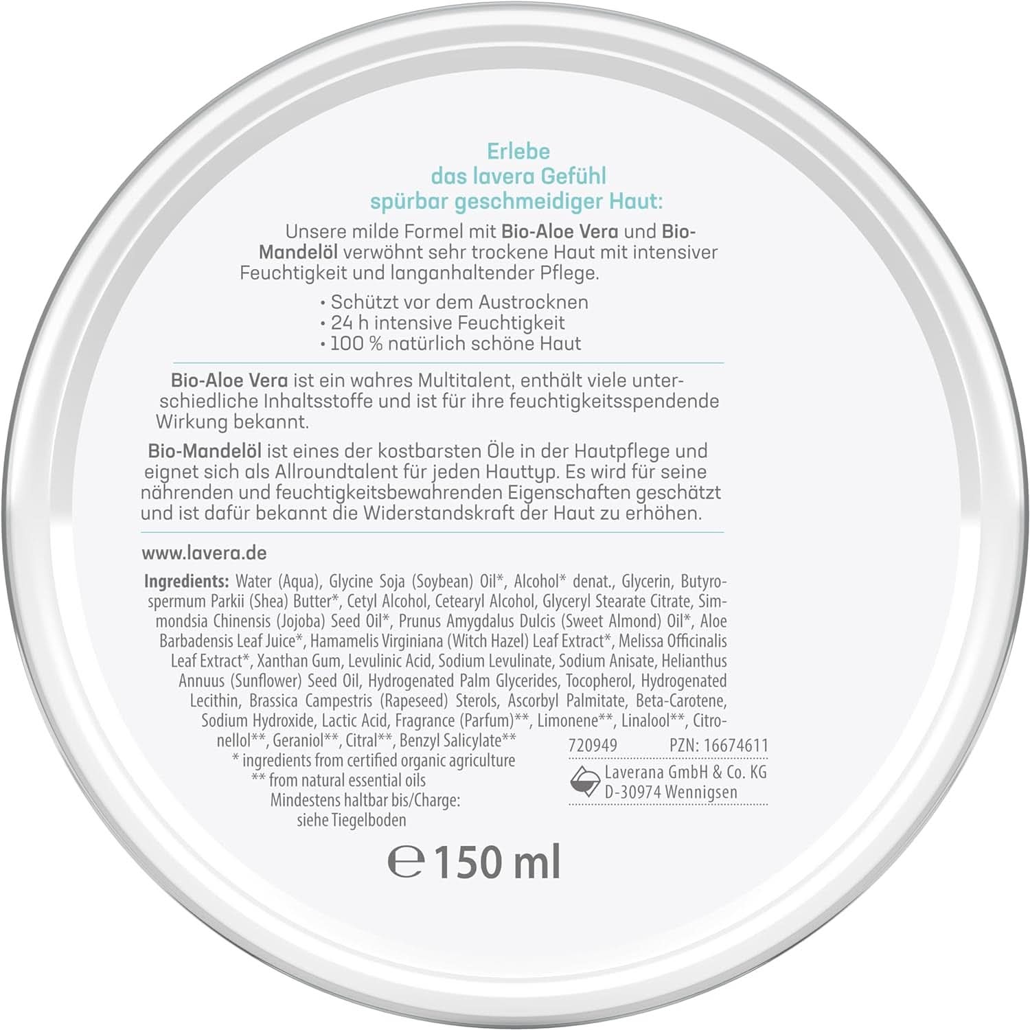 Lavera Basis Sensitiv, cura intensiva per pelli secche con Aloe Vera e olio di mandorle, 150 ml Naty Shop