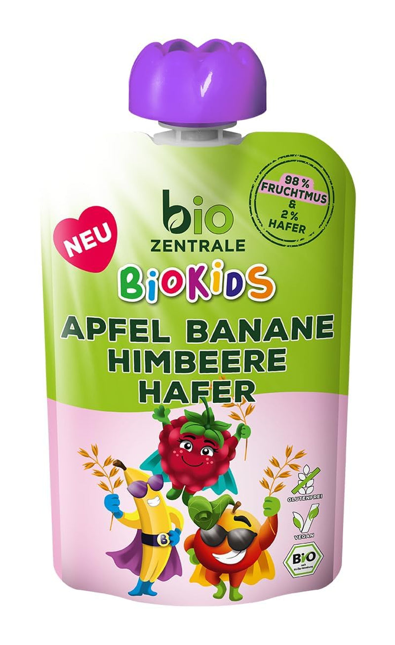 biocentral BioKids Purea di frutta Mela Banana Lampone Avena | 12 x 90 g | Snack fruttato senza zuccheri aggiunti | Vegano