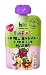biocentral BioKids Purea di frutta Mela Banana Lampone Avena | 12 x 90 g | Snack fruttato senza zuccheri aggiunti | Vegano