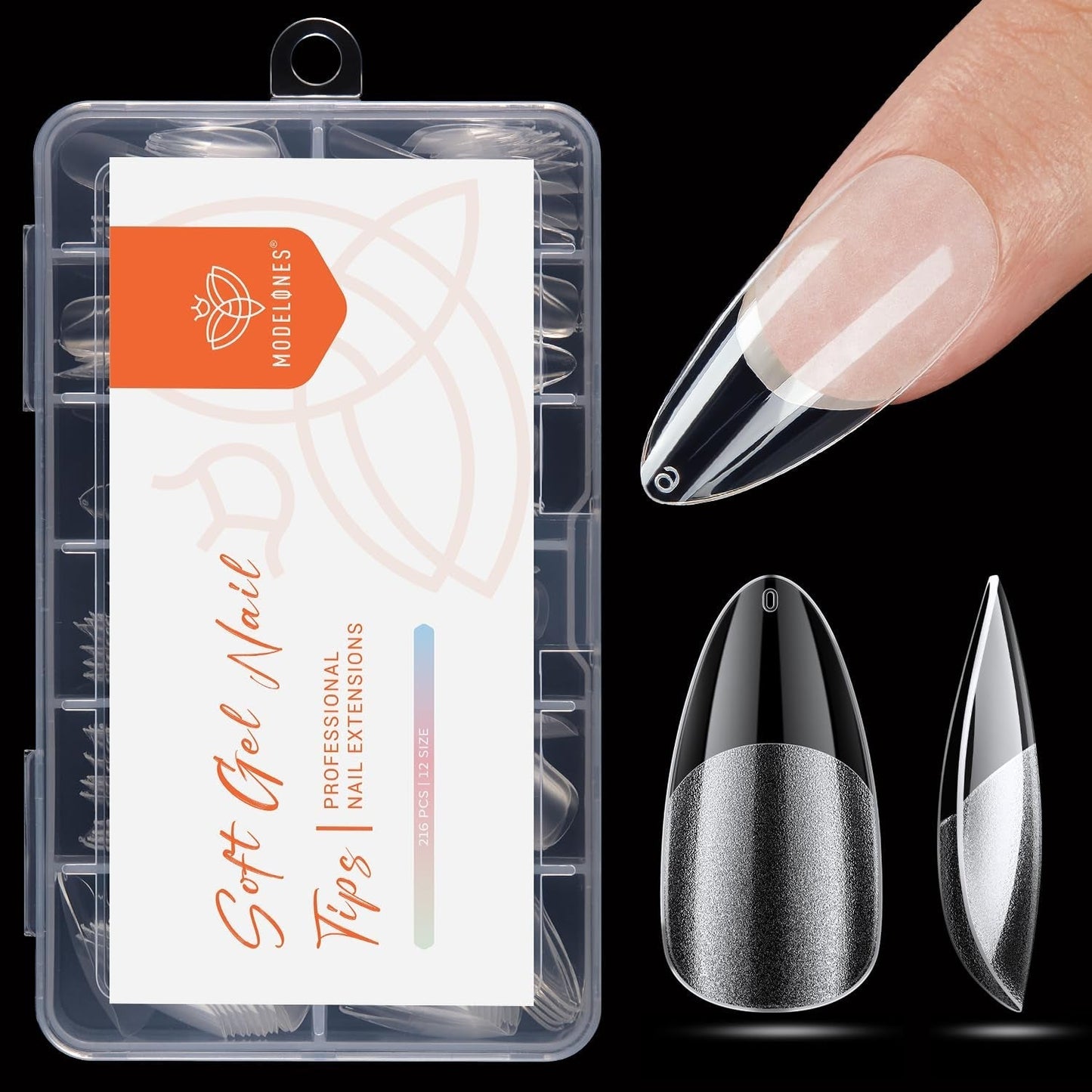 Modelones Nail Tips 216 pezzi - Set di punte per unghie a copertura totale, Set di punte in gel morbido, Punte per unghie in resina PMMA pre-lucidatura, Colla fai-da-te su unghie artificiali, Mandorle corte XS