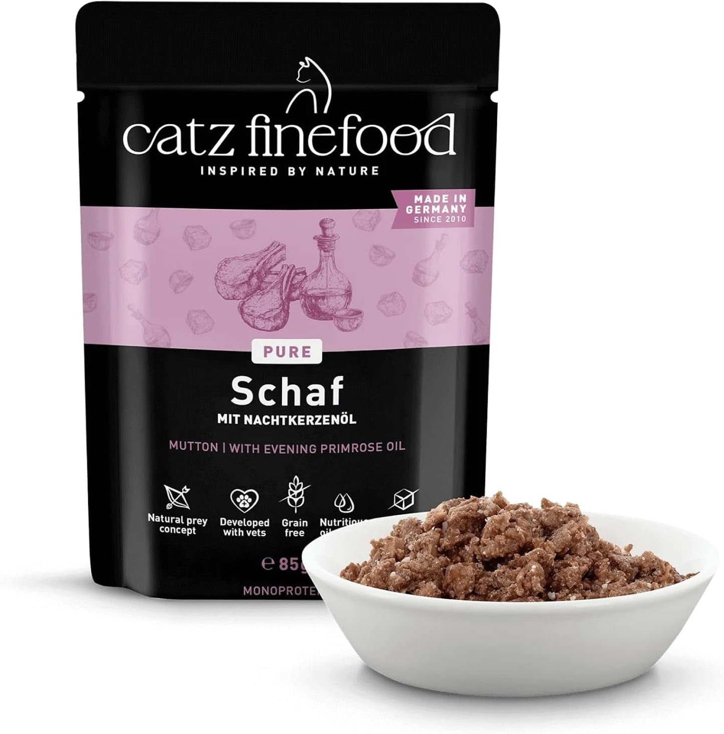 Alimento umido per gatti Catz Finefood Purrrr Sheep Monoprotein n. 113, per gatti con digestione sensibile, contenuto carne 70%, 16 buste da 85 g ciascuna