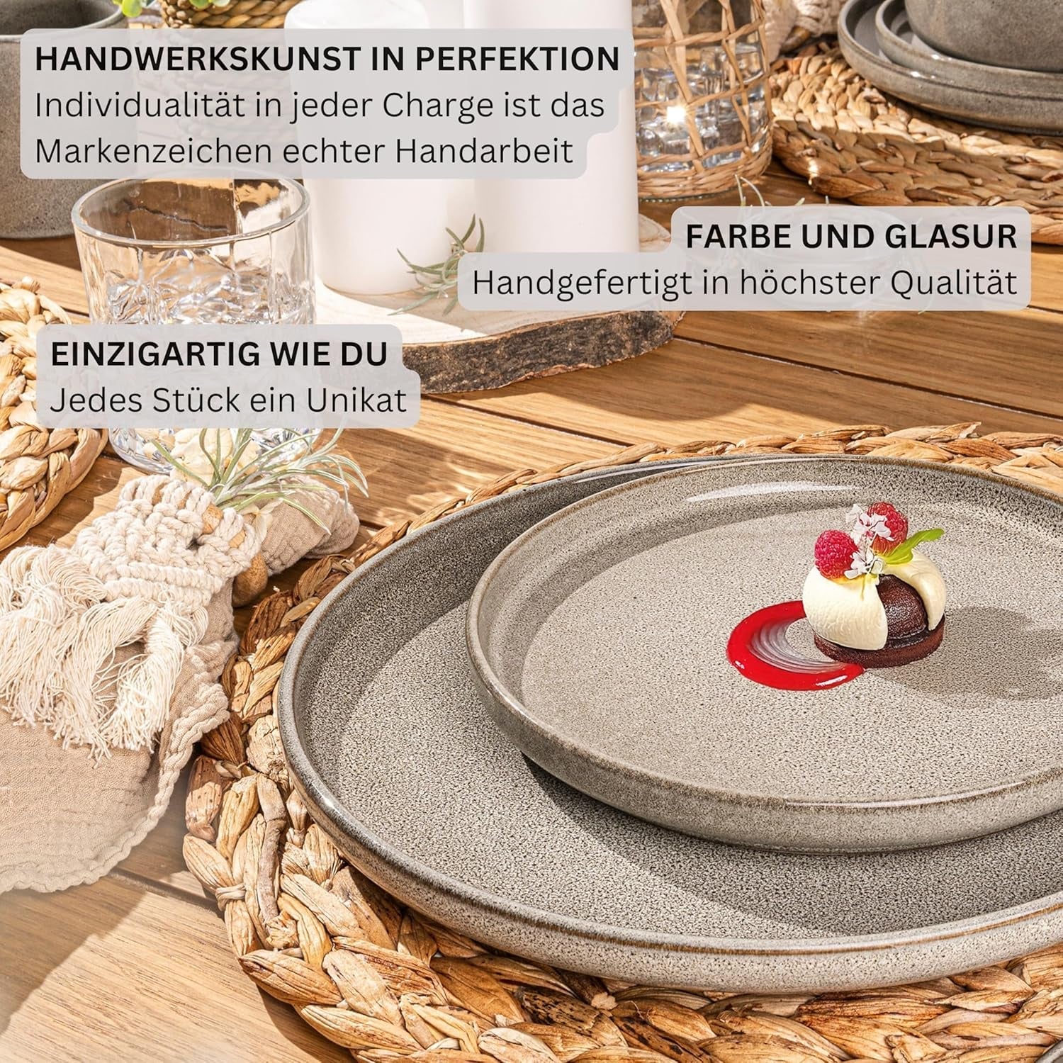 SÄNGER Cairo Clay | Set di stoviglie da 24 pezzi, set di stoviglie in gres per 6 persone, 6 piatti, 6 piatti da dessert, 6 ciotole per pasta, 6 ciotole da portata, set di stoviglie grigio | LA COLLEZIONE DI VALORE