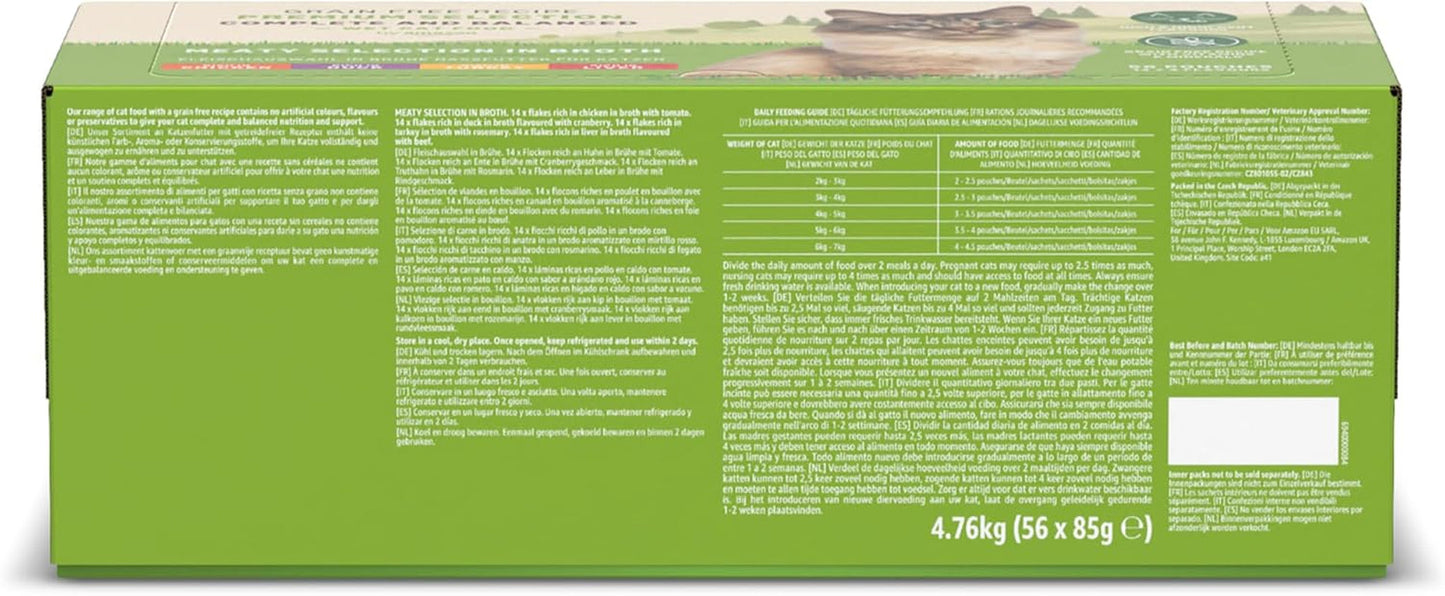 Alimento umido per gatti Amazon senza cereali per gatti adulti Selezione di carne in brodo 4,76 kg 56 confezioni da 85 g (precedentemente Lifelong)