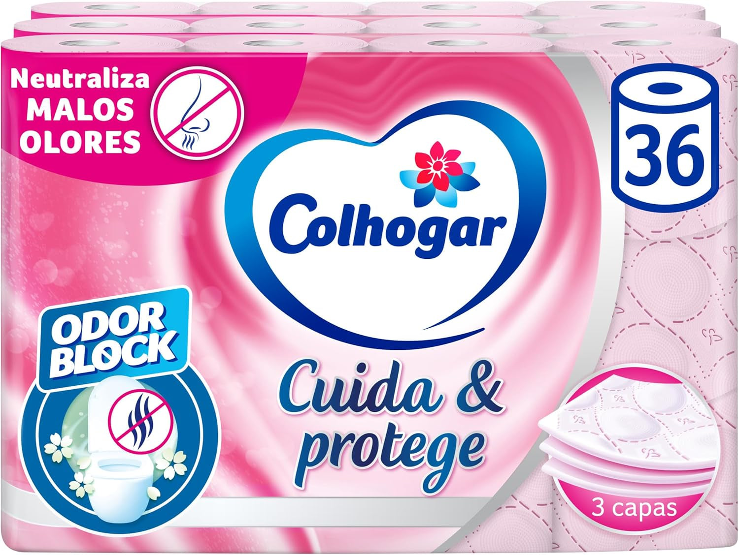 Colcasa Care & Protect 3 x 12 carta igienica con tecnologia Odour Block, neutralizza i cattivi odori, confezione da 36 rotoli, 3 veli, rotoli rosa dal profumo fresco