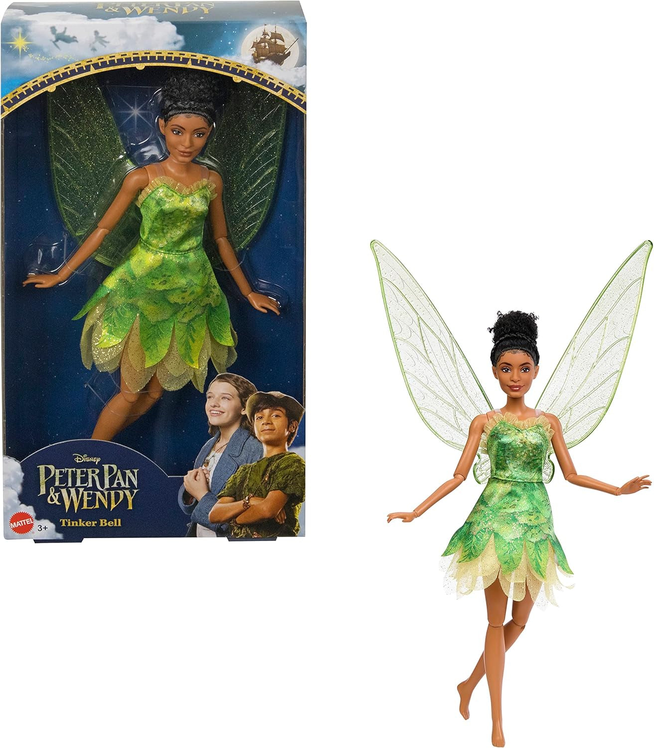 Disney Peter Pan e Wendy Trilli bambola con ali mobili e vestito verde, regalo ispirato al film per i bambini per ricostruire scene o avventure HNY37