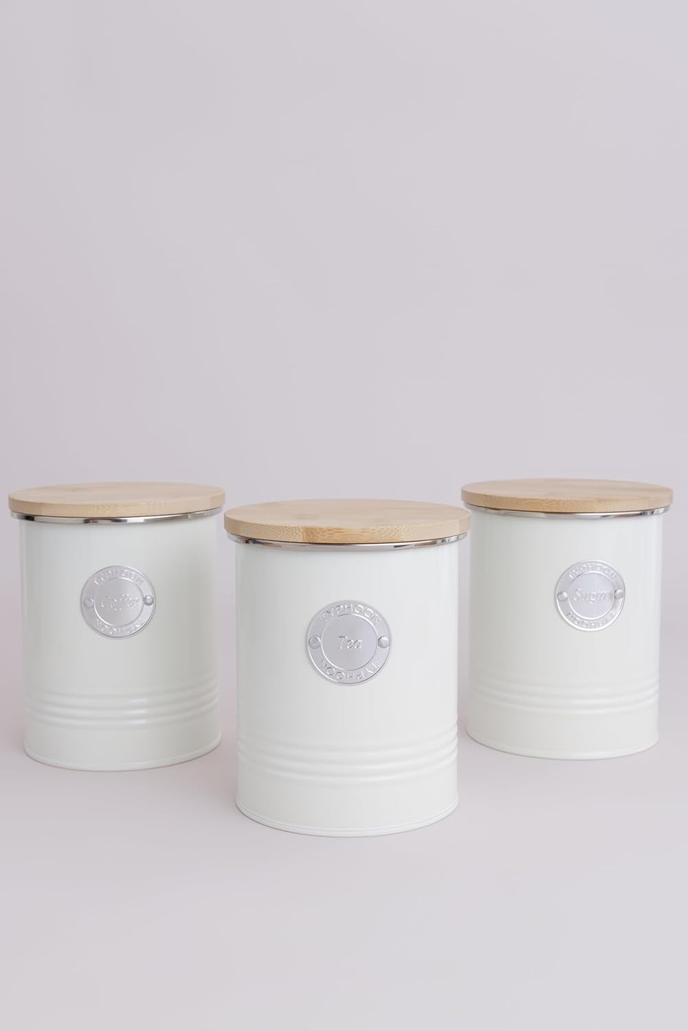 Collezione LIVING, zuccheriera con coperchio | pastello crema | scatola portaoggetti da cucina da 1 L per lo zucchero | contenitore per zucchero in acciaio con coperchio | Barattoli ermetici in bambù con coperchio Scatole per alimenti Naty Shop