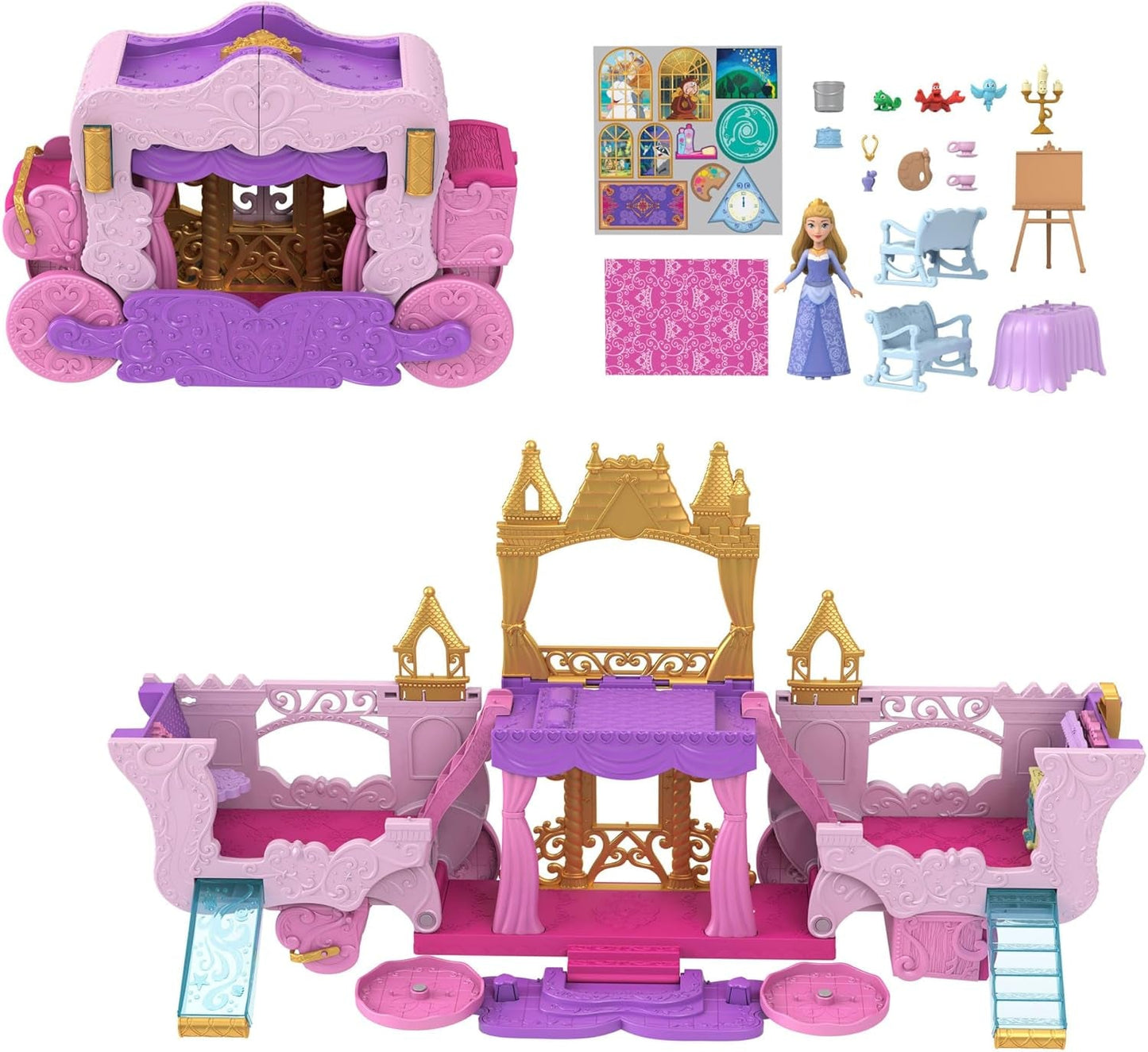 Mattel Disney Princess Playset trasformabile Carrozza al castello con piccola bambola Aurora, 3 livelli, 6 aree gioco, 4 personaggi, mobili e accessori HWX17 Bambole Naty Shop Multicolor