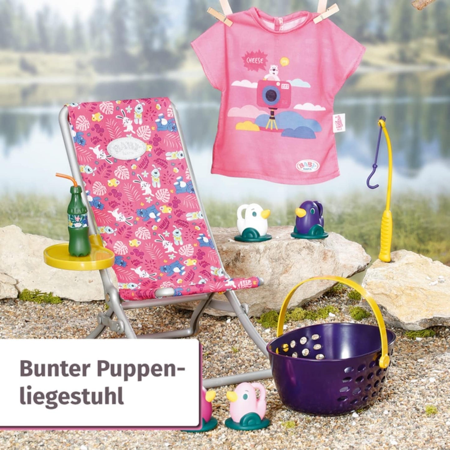 BABY Born 832790 Weekend Fishing - Set di accessori per bambola da pesca con lettino con stampa vivace, tavolino, bicchiere, cestino, anatroccoli e canna da pesca e maglietta lunga rosa, Rosa