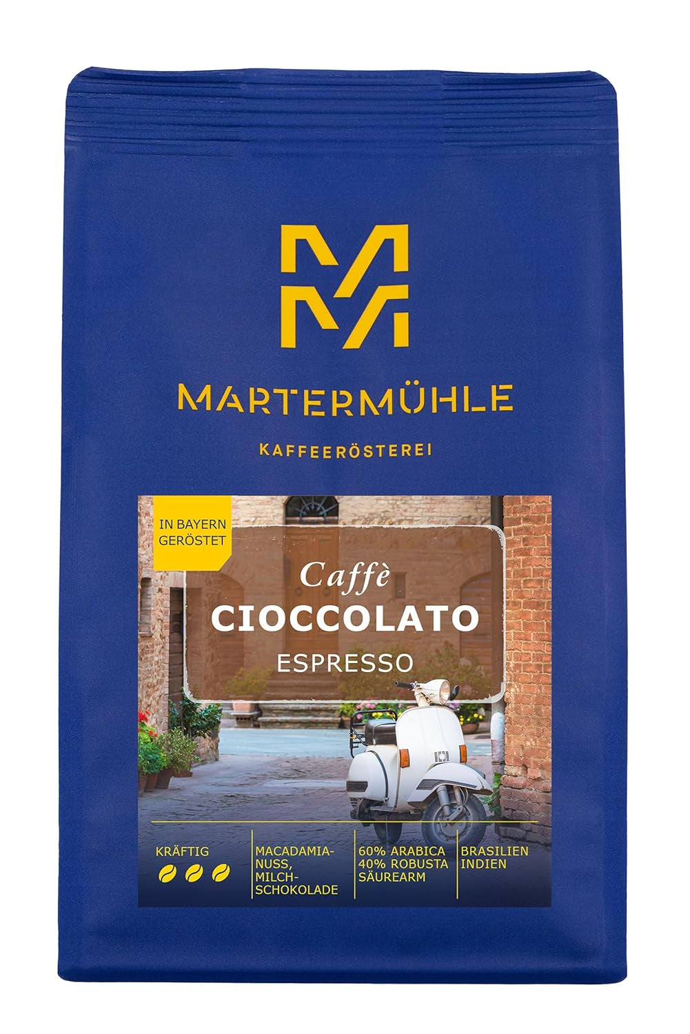 Chicchi di caffè espresso Martermühle Cioccolato 500g Forte | Arabica/Robusta | Gusti: Noci di macadamia, cioccolato al latte | Chicchi di caffè espresso interi tostati leggermente, bassa acidità