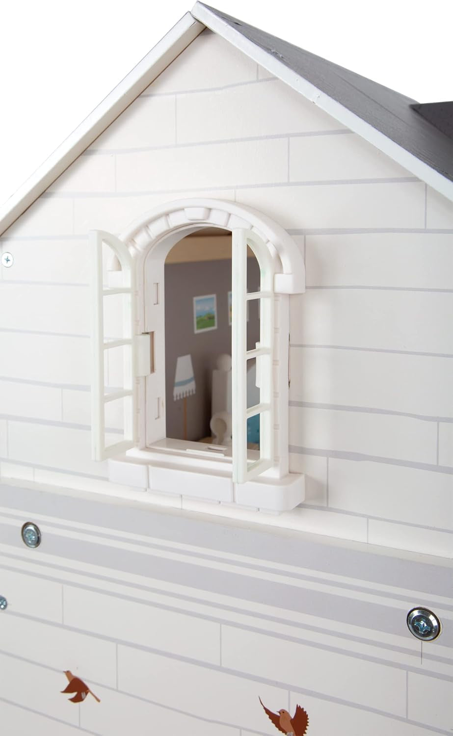 Small Foot Casa delle bambole in legno a 3 piani con apertura frontale e 12 mobili per bambini dai 3 anni in su 11802 Bianco Grigio
