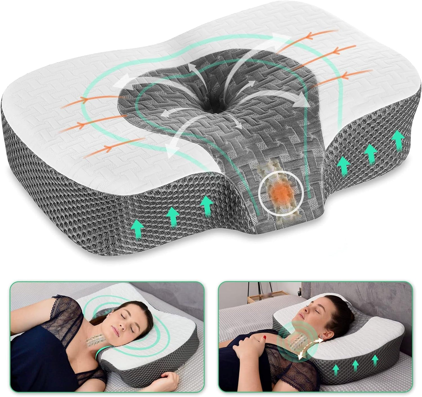 Elviros Cuscino ortopedico in memory foam, Cuscino per dolori al collo, Cuscino per dormire, Cuscino ergonomico per il collo, Cuscino di supporto per il collo, Cuscino antirussamento per chi dorme sul fianco, Cuscini ortopedici cervicali bianchi Naty Shop Bianco 60 X 38,6 X 9,9/13,5 cm