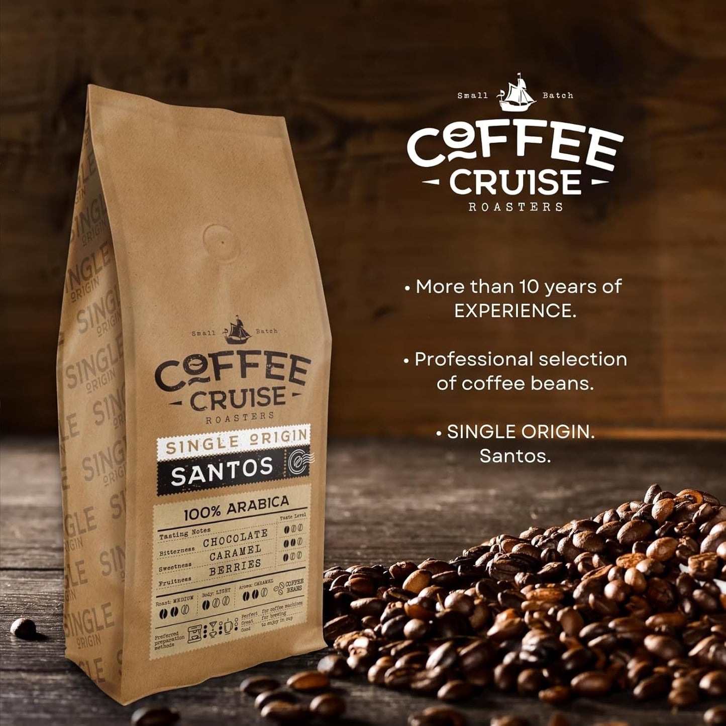 COFFEE CRUISE Santos Kaffeebohnen 1kg - Mittlere Röstung - Aroma Caramel - Für All Kaffeemaschinen - 100% Arabica