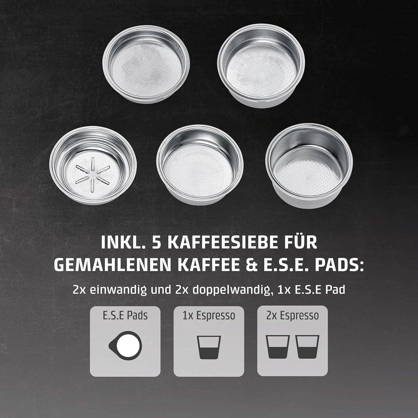 CASO EspressoGourmet Crema - Macchina per caffè espresso portafiltro con montalatte, espresso, cappuccino, portafiltro in acciaio inossidabile, pompa ULKA 20 bar, macchina da caffè, caffè macinato, capsule ESE