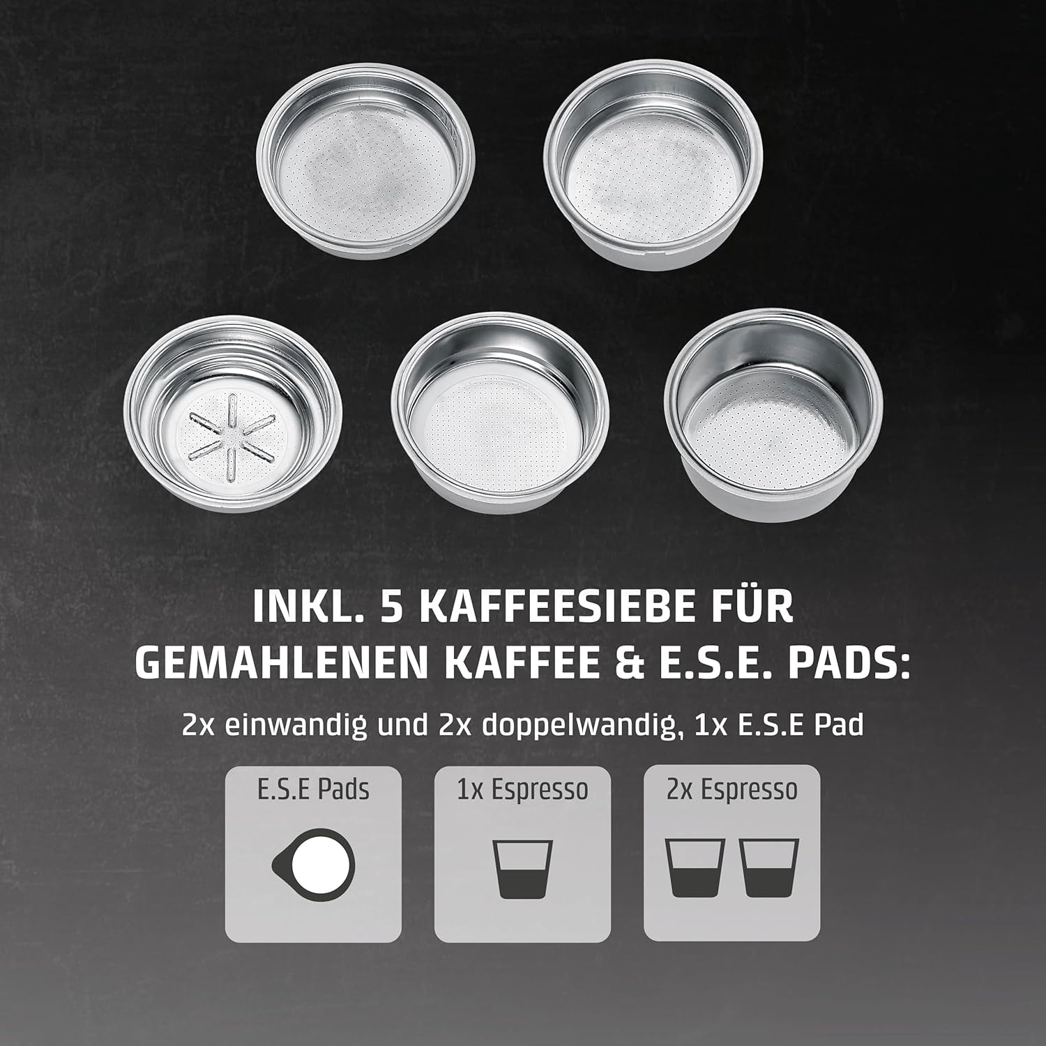 CASO EspressoGourmet Crema - Macchina per caffè espresso portafiltro con montalatte, espresso, cappuccino, portafiltro in acciaio inossidabile, pompa ULKA 20 bar, macchina da caffè, caffè macinato, capsule ESE