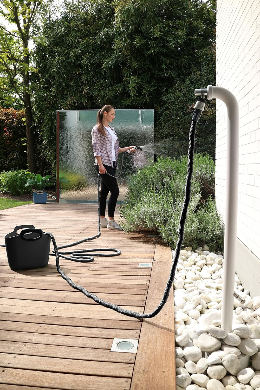 GF SRL, Aquapop Grey Limited Edition con tubo tessile autoestensibile da 25m Made in Italy, sacchetto in plastica morbida, ugelli e raccordi Lancia 8 per irrigazione giardino, grigio scuro