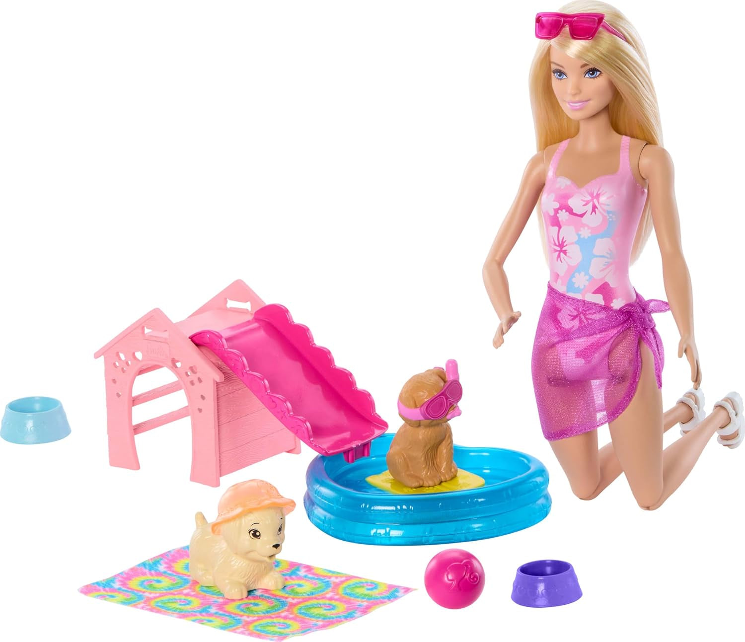 Barbie Puppy Pool Party Playset con bambola alla moda, cuccia e scivolo, piscina a forma di cuore, 2 personaggi di cani, 6 accessori e cambia colore, JBF35