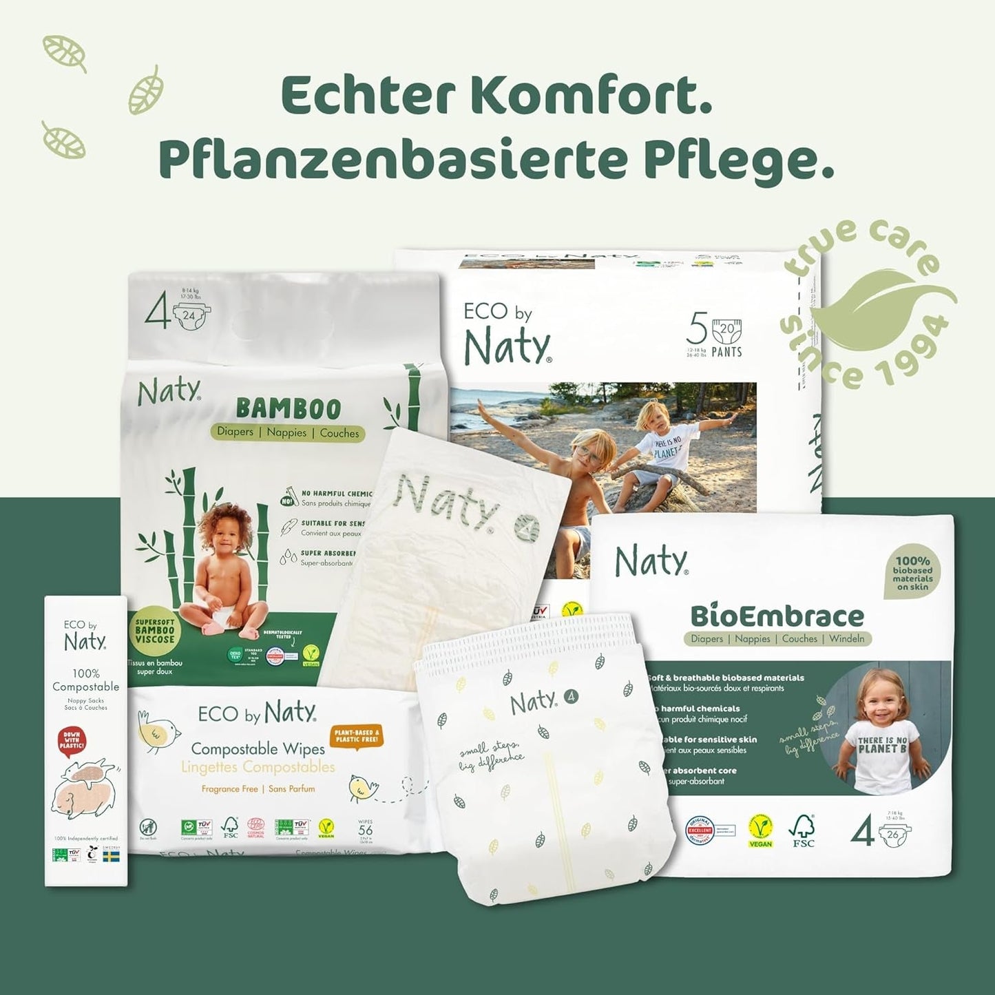 Pannolini per bambini Naty BioEmbrace, taglia 3 (4–9 kg) | Materiali 100% vegetali, delicati sulla pelle | Morbidezza traspirante, dermatologicamente testato, ottimo assorbimento | 100 pezzi.