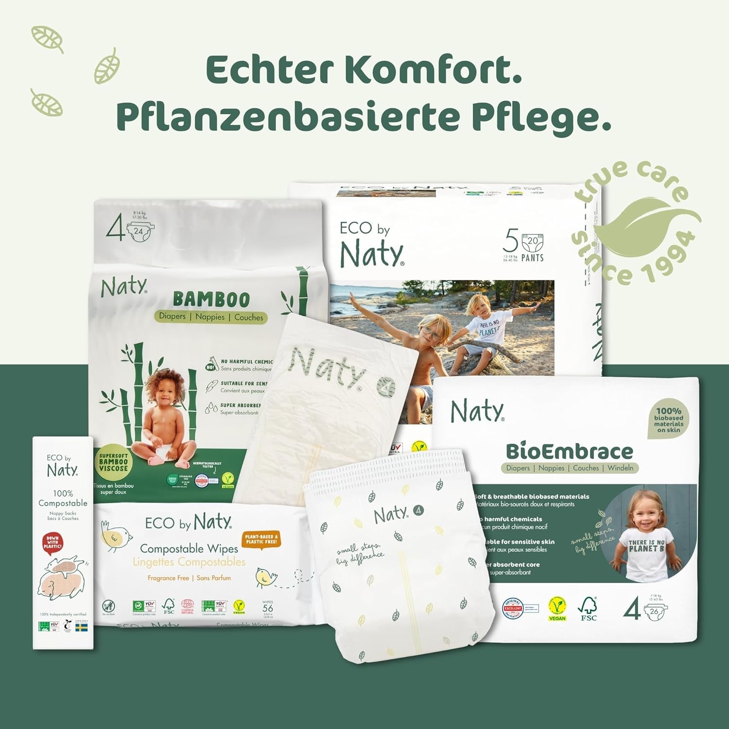 Pannolini per bambini Naty BioEmbrace, taglia 3 (4–9 kg) | Materiali 100% vegetali, delicati sulla pelle | Morbidezza traspirante, dermatologicamente testato, ottimo assorbimento | 100 pezzi.