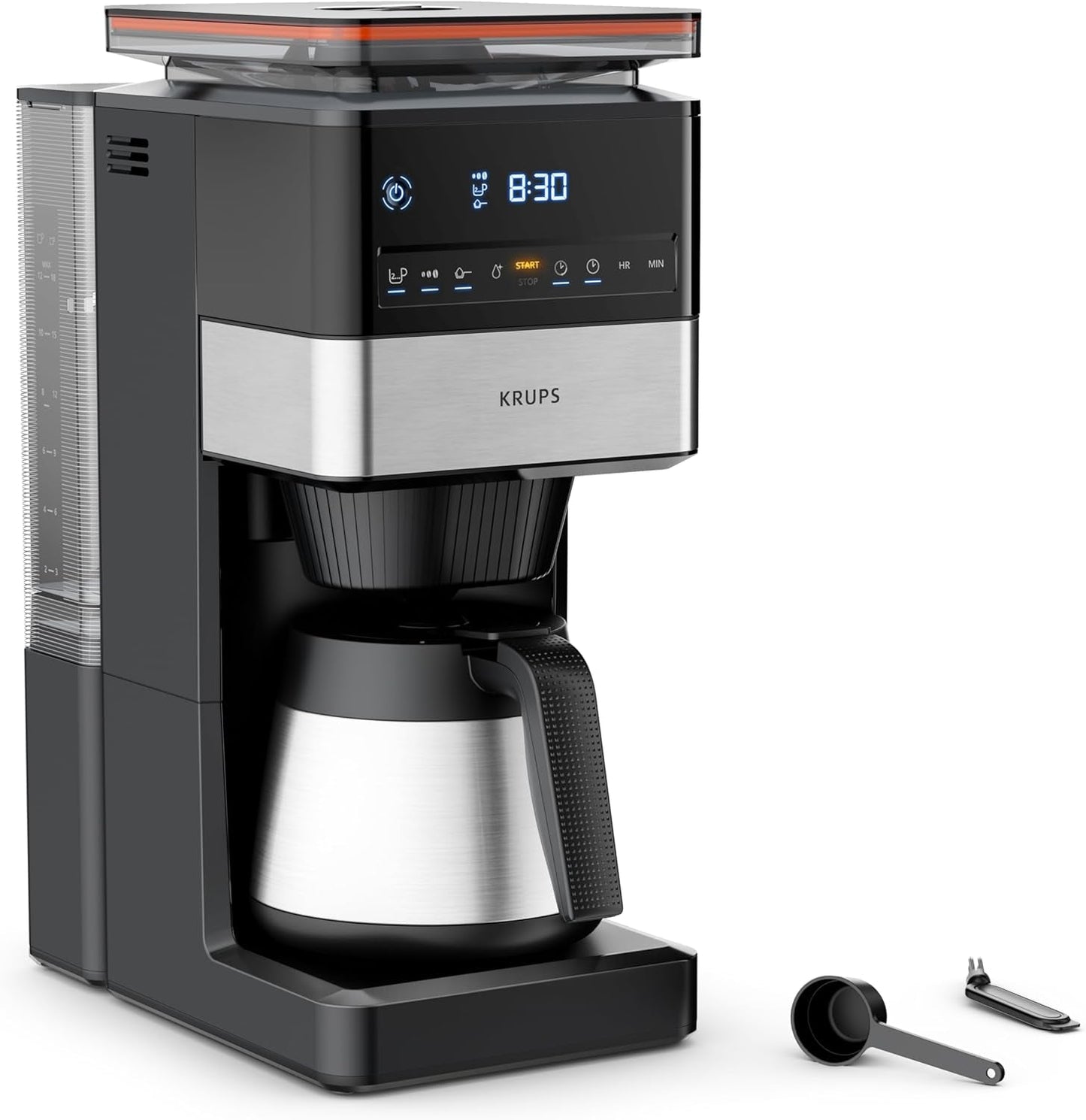 KRUPS Grind Aroma XL Macchina per caffè espresso, Macinino conico rimovibile, Pannello di controllo digitale, Capacità XL (1,5 L), Funzione Mantieni caldo, Caraffa in vetro, Nero/Acciaio inossidabile, KM842810